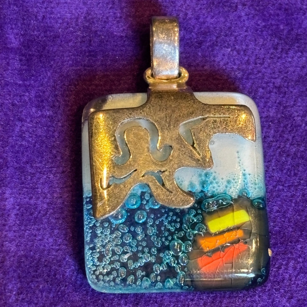 Artisan 925 Sterling Silver Dichroic Art Glass Square Blue Bubble Pendant